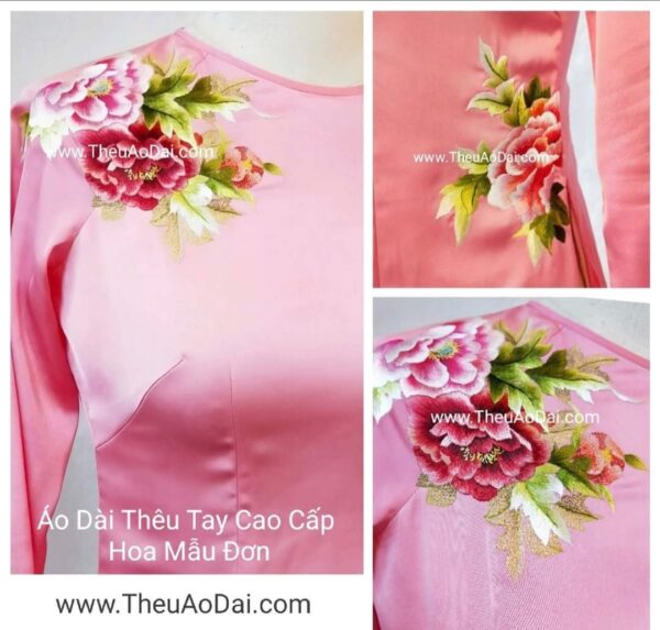 Áo dài truyền thống vải hồng thêu tay hoa mẫu đơn Áo dài thêu tay áo dài thêu hoa 2