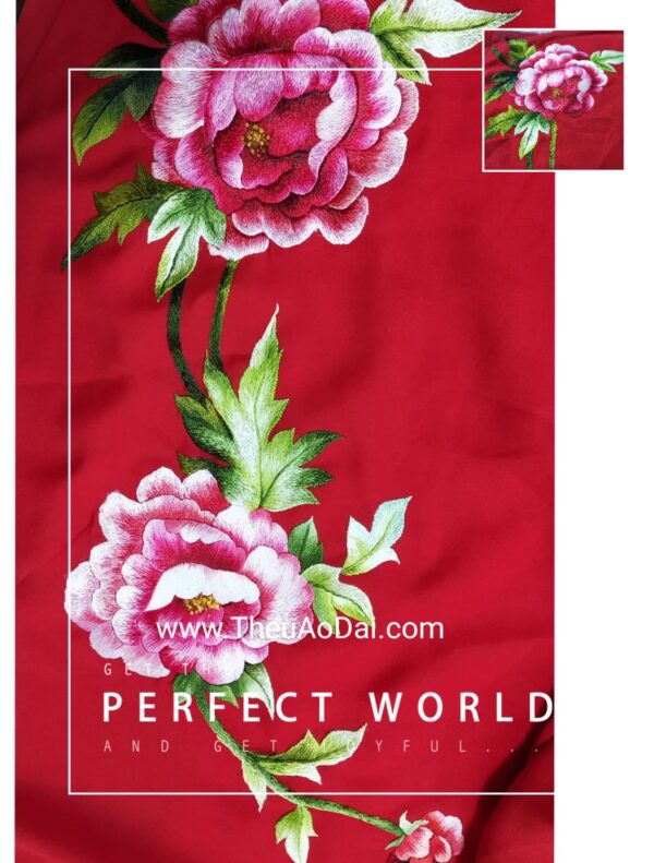 Áo dài thêu tay hoạ tiết hoa mẫu đơn màu hồng đậm Áo dài thêu tay áo dài thêu hoa 4