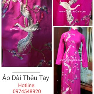 Áo dài truyền thống vải hồng thêu tay hoạ tiết tùng hạc Áo dài thêu tay áo dài thêu hoa