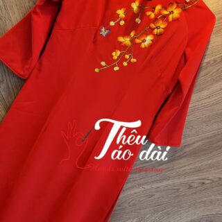 Áo dài truyền thống vải đỏ thêu tay hoa lan Áo dài thêu tay áo dài thêu hoa