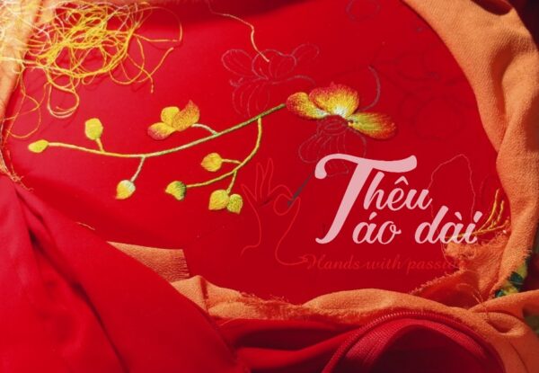 Áo dài truyền thống vải đỏ thêu tay hoa lan Áo dài thêu tay áo dài thêu hoa 3