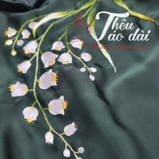 Áo dài vải xanh rêu đậm thêu tay hoa linh lan Áo dài thêu tay áo dài thêu tay