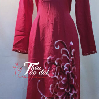 Áo dài vải hồng đậm thêu cúc đại đóa đính cườm Áo dài thêu tay áo dài thêu hoa
