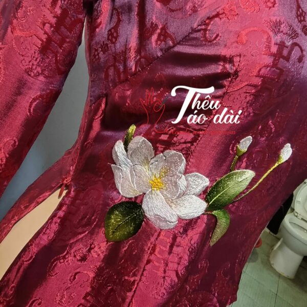 Áo dài vải hồng gấm thêu tay hoa trà Áo dài thêu tay áo dài thêu hoa 4