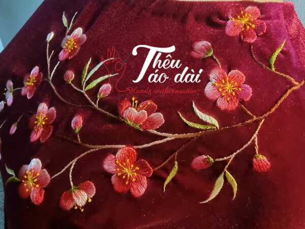Áo dài vải hồng nhung thêu tay hoa đào Áo dài thêu tay áo dài thêu hoa 3