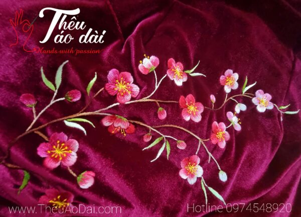 Áo dài vải hồng nhung thêu tay hoa đào Áo dài thêu tay áo dài thêu hoa 4