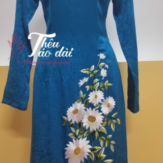 Áo dài vải gấm xanh thêu tay hoa cúc Áo dài thêu tay áo dài thêu hoa