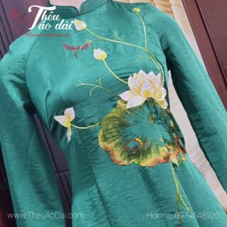 Áo dài vải xanh lá thêu tay hoạ tiết hoa lá sen Áo dài thêu tay áo dài thêu hoa
