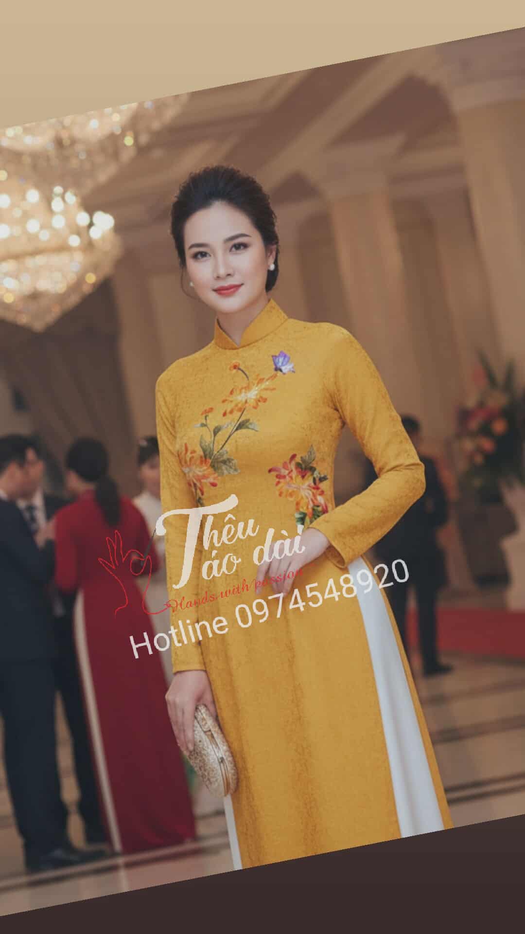 Áo dài lụa thêu tay hoa cúc đại đoá Áo dài thêu tay áo dài thêu tay hoa cúc